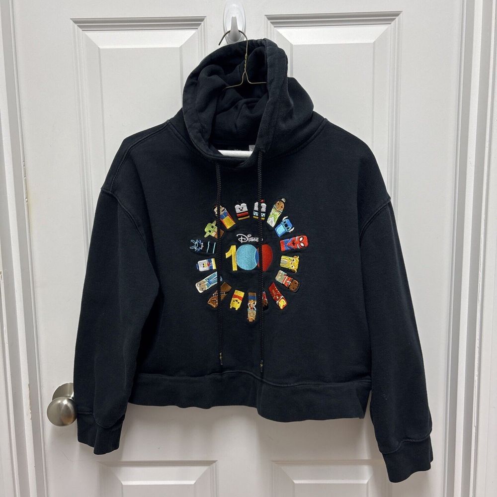 Disney 100 Anniversary Embroidered Cropped Hoodie Black Large Mickey Spider-Man